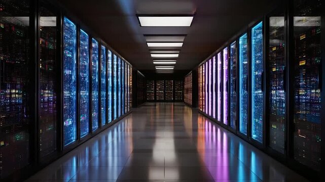 A data center corridor with illuminated server racks lining both sides.