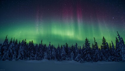 Aurora borealis northern lights winter landscape night sky stars forest trees snow nature scenic view on transparent background