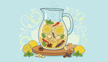 Refreshing ginger lemon detox water in a glass pitcher, garnished with mint leaves, chili peppers, star anise, cinnamon sticks, and rosemary sprigs, surrounded by whole and sliced lemons, ginger