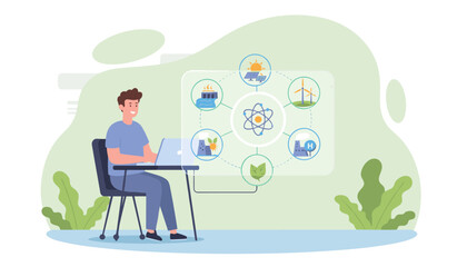 A young man is working on a laptop, surrounded by a digital interface showcasing various renewable energy sources like solar panels, wind turbines, hydroelectric power, and geothermal energy