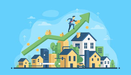 Vibrant illustration depicting rising house prices and the concept of real estate growth, with a businessman climbing a green upward arrow graph adorned with coins and money bags, set against a