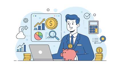 Vibrant flat illustration of a businessman analyzing financial data on a laptop, surrounded by charts, graphs, coins, a piggy bank, and a calculator, representing revenue management and investment