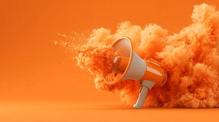 Dynamic orange megaphone blasting vibrant powder cloud, announcing exciting news and generating buzz for impactful marketing campaigns and energetic promotions