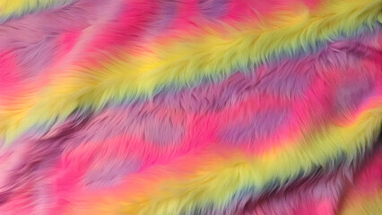 Vibrant Rainbow Faux Fur Texture Background. Close-up of Bright, Colorful, and Fluffy Material with a Playful Gradient Pattern, Ideal for Creative Designs and Textile Concepts.