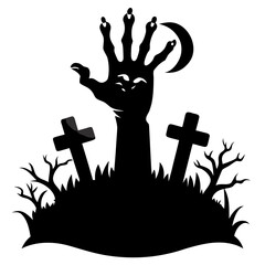 Spooky zombie hand rising from graveyard with crescent moon vector illustration scalable eps icon silhouette White background