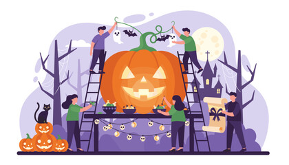 Vibrant vector illustration capturing the essence of Halloween celebration preparations, featuring a giant glowing jack-o'-lantern, people decorating with ghost and bat ornaments, pumpkins, a black