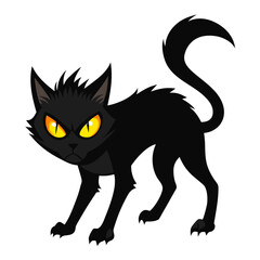Vector illustration of a spooky black cat with glowing orange eyes arched back ready for halloween silhouette White background