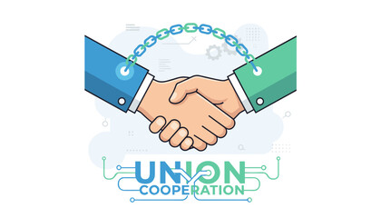 Vivid vector illustration of a handshake symbolizing union and cooperation, with a chain link connecting the two hands, representing partnership and agreement in a business or technology context, set