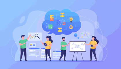 Vibrant vector illustration depicting a diverse team collaborating on a project, brainstorming ideas, and analyzing data with digital tools and visual aids, symbolizing effective communication and