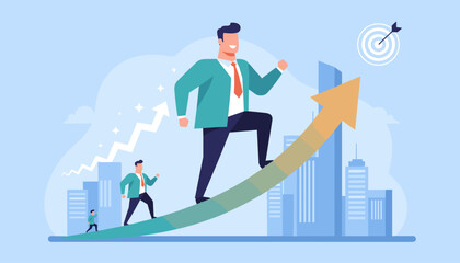 Vibrant vector illustration depicting a large businessman ascending an upward trending arrow graph, symbolizing growth and success, with smaller figures following, set against a cityscape and target