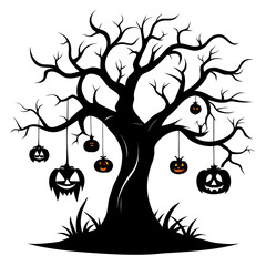 Creepy halloween tree with jack-o'-lanterns vector illustration for spooky holiday designs silhouette White background