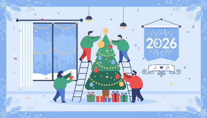 Festive vector illustration depicting a group of people enthusiastically decorating a Christmas tree in a cozy room, with a cityscape and fireworks visible through the window, celebrating the