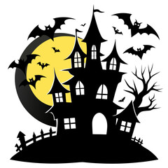 Spooky haunted house with bats and full moon vector illustration scalable eps icon for halloween silhouette White background