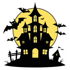 Spooky haunted house silhouette with bats and full moon halloween vector illustration scalable graphic silhouette White background