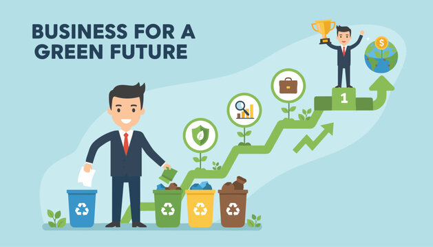 Vivid vector illustration showcasing a businessman sorting waste into recycling bins, symbolizing a commitment to a green future and sustainable business practices, with growth charts and icons