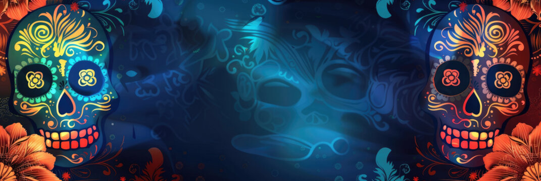 Colorful sugar skulls with gold designs, marigold flowers. Celebrating Day of the Dead in Mexico with traditional elements. blue background, horizontal banner, copy space, free space for text