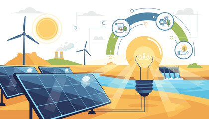 Vibrant illustration showcasing diverse renewable energy sources including solar panels, wind turbines, and a hydroelectric dam, symbolizing a sustainable future and environmental responsibility with
