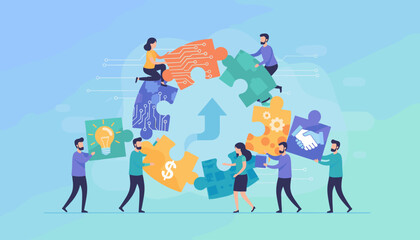 Business concept metaphor of teamwork and collaboration, with diverse people connecting puzzle pieces representing ideas, finance, technology, and partnership, symbolizing synergy and shared success