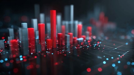 Dynamic 3D bar chart visualization with red and blue glowing lights, representing data growth and financial analysis in a modern tech environment.
