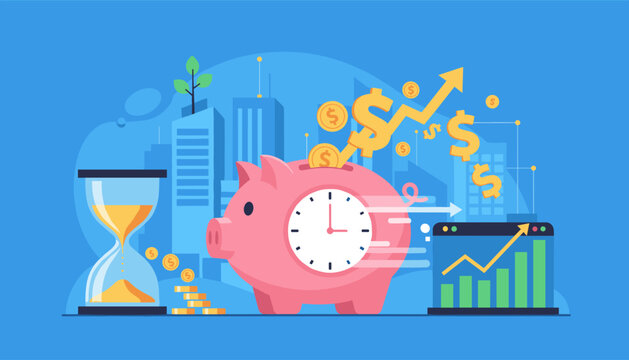 Vivid illustration of financial growth and time management, featuring a piggy bank with a clock face, an hourglass, falling coins, and a rising stock market graph, symbolizing saving time and money