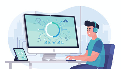 Modern flat illustration of a young man wearing headphones, working on a computer and installing software updates, with a tablet device nearby, symbolizing technology and productivity in a