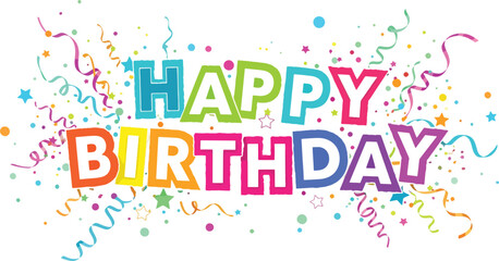 Vector art of happy birthday typography with colorful confetti and streamers for festive celebration