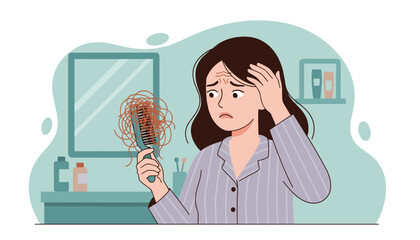 Worried woman in pajamas discovers significant hair loss on her hairbrush, looking distressed in the bathroom mirror, symbolizing health concerns and beauty worries.