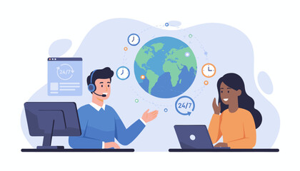 Diverse customer service team providing 24/7 global support with a male operator at a computer and a female operator at a laptop, connected by a network around the Earth, symbolizing international