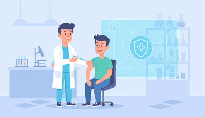 Doctor administering a vaccine injection to a smiling young man in a modern clinic, with a futuristic medical network interface displaying a shield and cross symbol, symbolizing health and protection