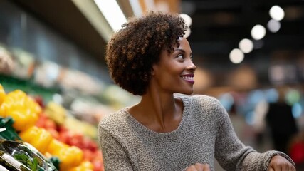 A smiling woman pushing a shopping cart in a grocery store with colorful fruits and vegetables on display. - Powered by Adobe
