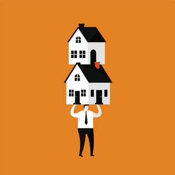 Vector art of man balancing two houses on his head, symbolizing housing burden