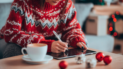 woman dressed in a Christmas sweater working on a tablet beside a cup of coffee and decorations