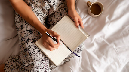 Woman writing her New Year's goals in a notebook, sitting on her bed