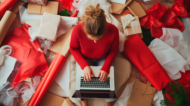 Woman buying gifts or receiving orders from her online store using a laptop surrounded by wrapping paper and ribbons