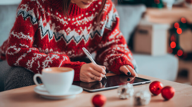 woman dressed in a Christmas sweater working on a tablet beside a cup of coffee and decorations - Powered by Adobe