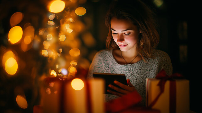 Young woman making a video call on a tablet surrounded by Christmas lights and presents