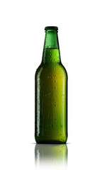 glass green bottle with drops and beer