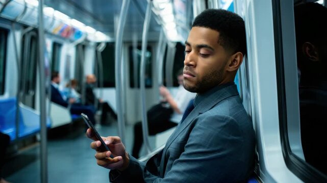 Tired commuter on subway workplace burnout, emotional exhaustion, urban indifference, late commute, stress, fatigue, mental overload, night transit, reflective mood, formal suit, smartphone