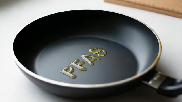 nonstick frying pan with PFAS text in oil, cookware safety focus, kitchen health risk, food contact hazard, toxic exposure concern, black skillet interior, modern utensil detail, warning