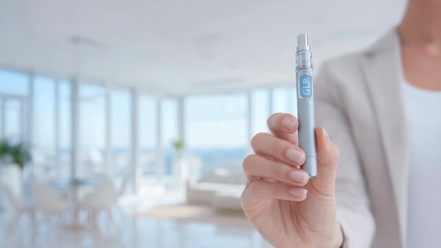 GLP-1 injection pen held by hand, diabetes care device, self-administered therapy, dosage control, hormone analog treatment, sterile needle tip, healthcare routine, patient compliance, zoom