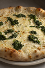 A delicious pizza topped with melted cheese and fresh leafy vegetables, beautifully served on a round plate