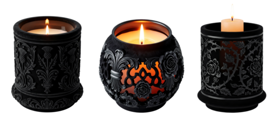 Three Gothic Black Votive Candle Holders with Flame