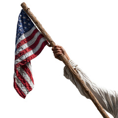Naklejka premium A hand holds a weathered and tattered American flag on a rustic wooden staff a powerful symbol of historic struggle endurance and the fight for freedom