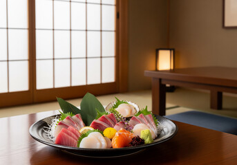 新鮮な海の幸を彩る豪華な刺身盛り合わせ - 伝統的な和室で味わう日本料理の美学