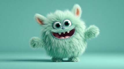 Fototapeta premium Cute green fluffy monster with big eyes and a wide happy smile posing on a teal background. Funny animated character for children's design.
