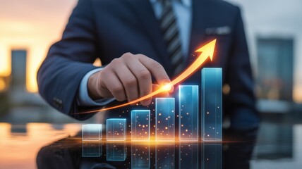 Hand Driving Global E-commerce Sales on a Holographic Chart. retail executive's hand in a dark suit, touching the final, tallest bar of a glowing, translucent blue histogram.