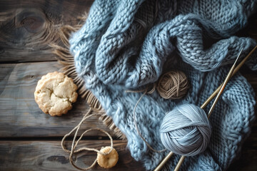 Knitting with wool yarn and needles on wooden table