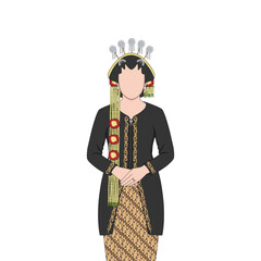 A beautiful Javanese bride wearing traditional black and gold kebaya with intricate embroidery, adorned with jasmine flower garland and traditional paes makeup. The woman stands gracefully