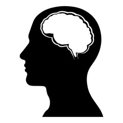 Vector art of silhouette of a human head profile with a white brain illustration inside, isolated on a