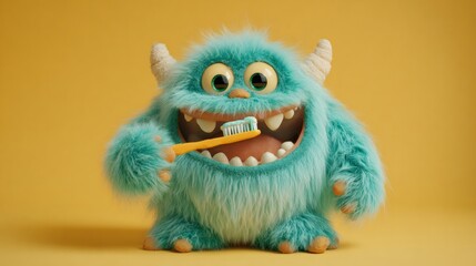 Obraz premium Funny fluffy monster brushing its teeth. Happy green creature with toothbrush and white toothpaste. Oral hygiene concept for children.